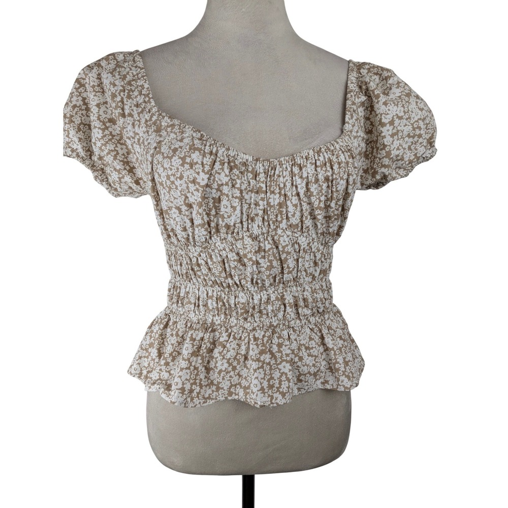 Sim & Sam Tan White Floral Smocked Peplum Short Puff Sleeve Square Neck Blouse S
